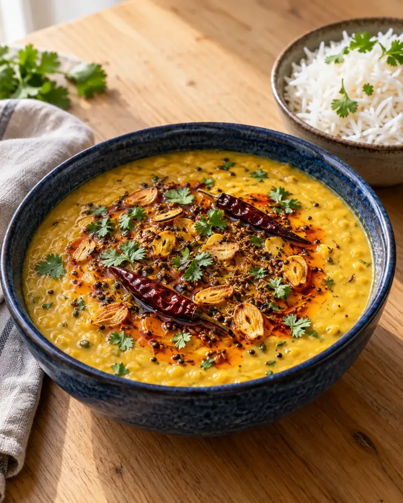 Dal Tadka: Creamy yellow lentils finished with sizzling spiced ghee