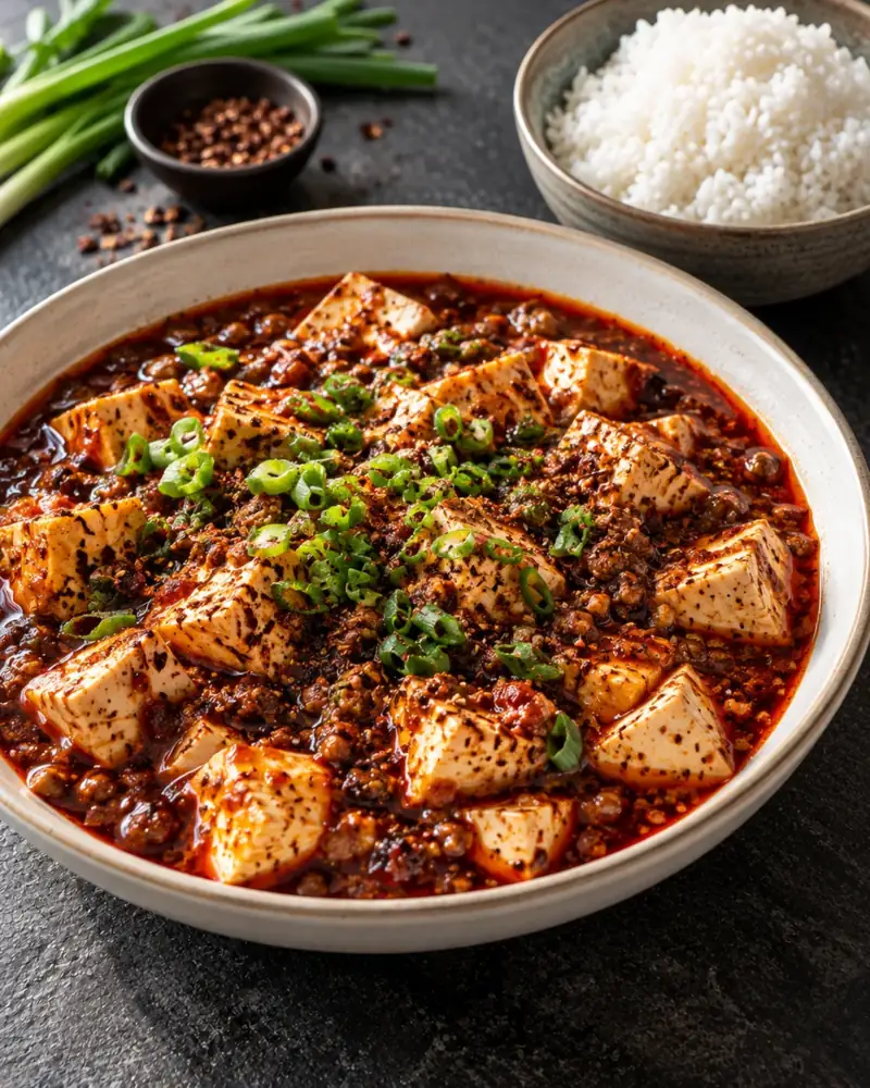 Mapo Tofu: Silken tofu in a fiery, numbing sauce of chili bean paste and pork
