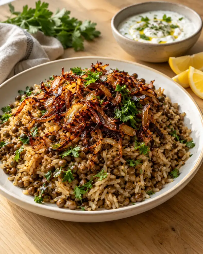 Mujadara: Lentils and rice crowned with a heap of crisp caramelized onions