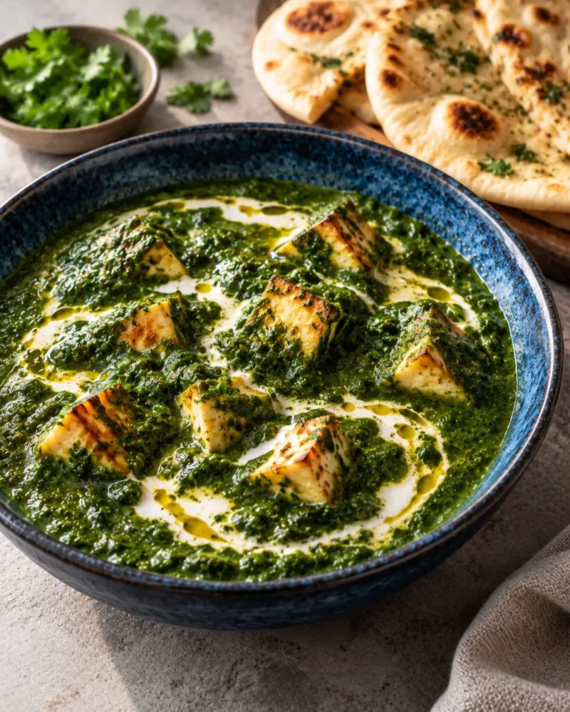 Palak Paneer: Golden paneer in a bright, smooth spinach sauce