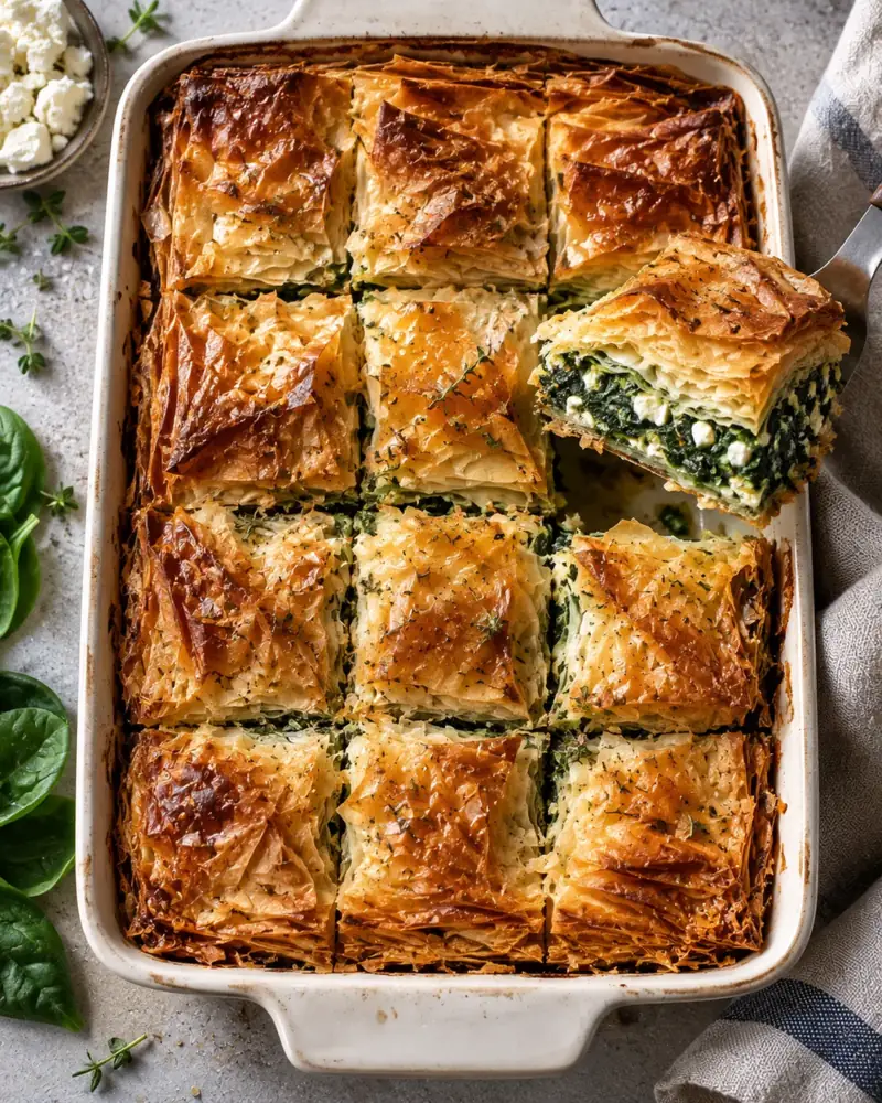 Spanakopita: Crisp golden filo around a spinach, feta and herb filling