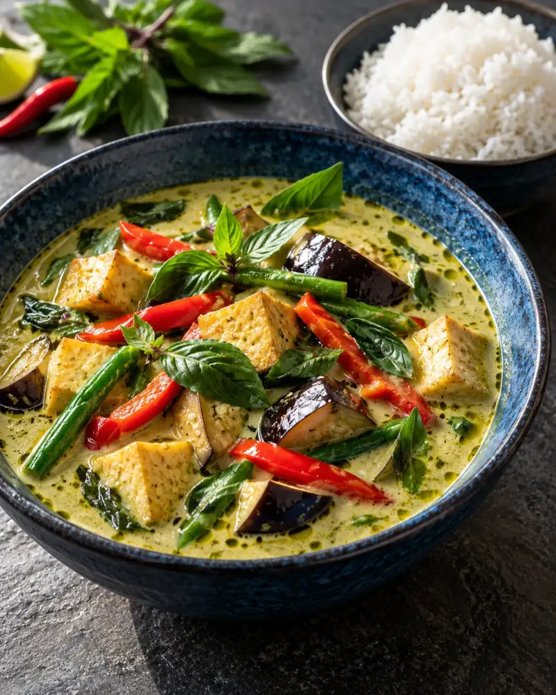 Thai Green Curry with Tofu and Vegetables: A fragrant homemade paste, coconut milk and crisp vegetables
