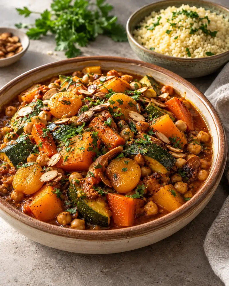 Vegetable and Chickpea Tagine: Warmly spiced, sweet and sour, with apricots and preserved lemon