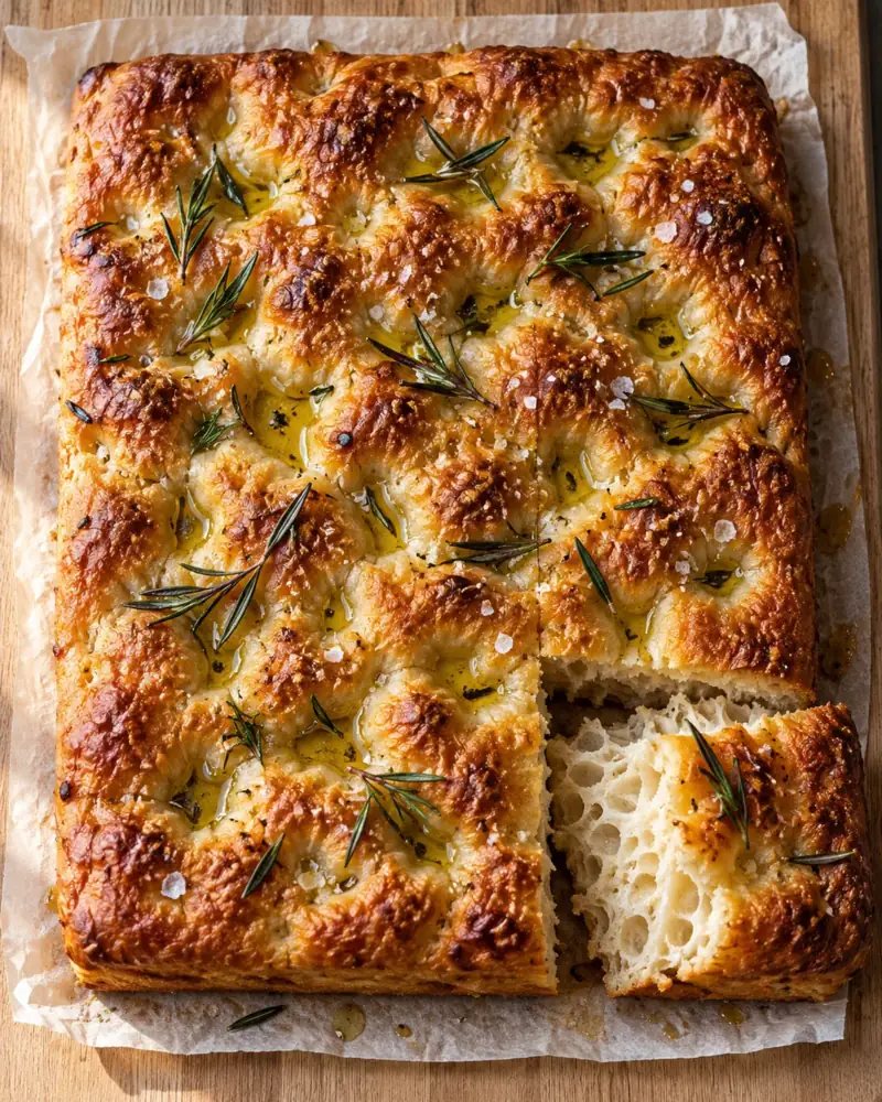 Focaccia: Bubbly, olive-oil-soaked and crisp-bottomed, with almost no kneading