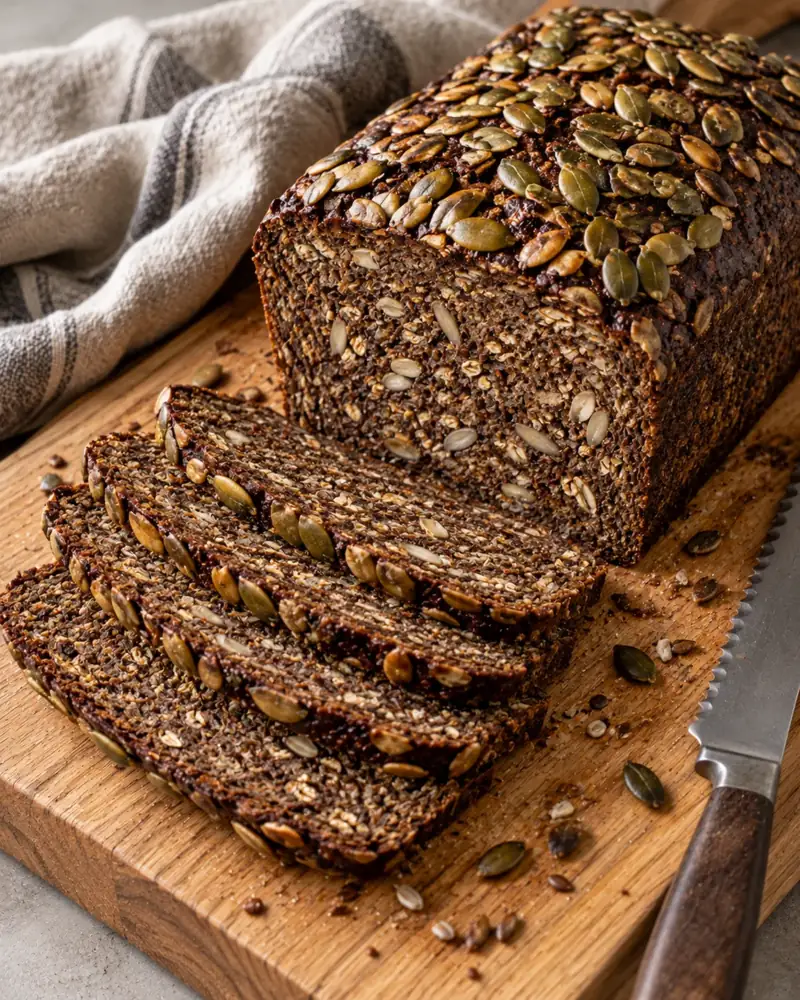 Dark Nordic Rye Bread: Dense, seeded, keeps for a week and slices thin for open sandwiches