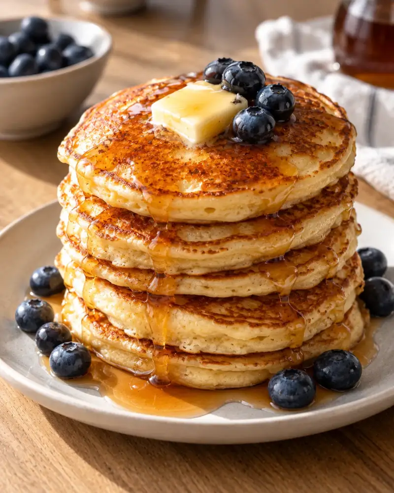 Buttermilk Pancakes: Tall, fluffy American-style pancakes with a tender crumb