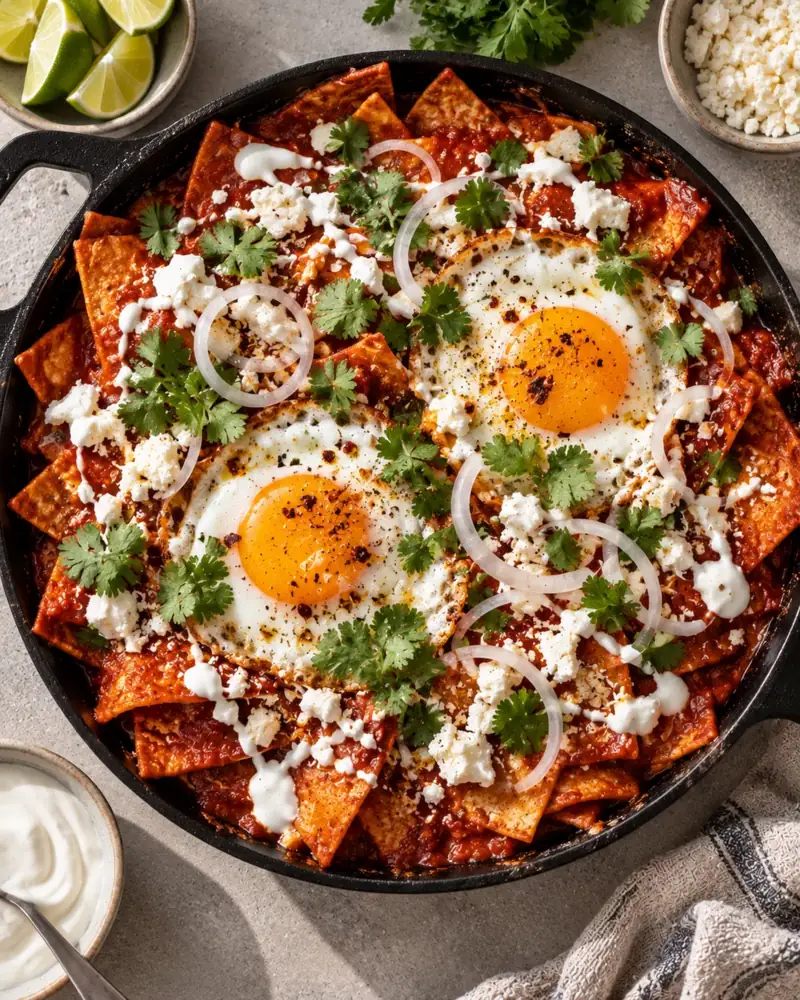 Chilaquiles Rojos: Tortilla chips simmered in red chili sauce, topped with eggs and crema