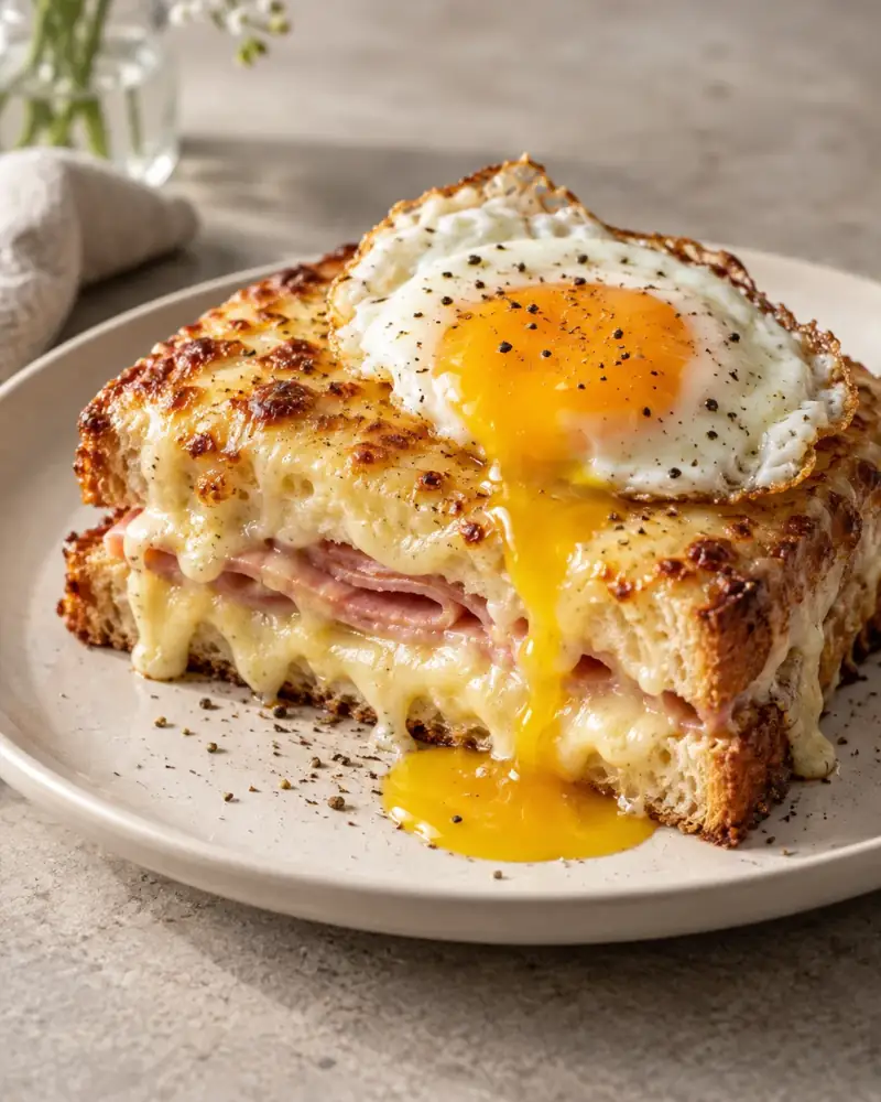 Croque Madame: Ham and Gruyère toastie under bubbling Mornay, topped with an egg