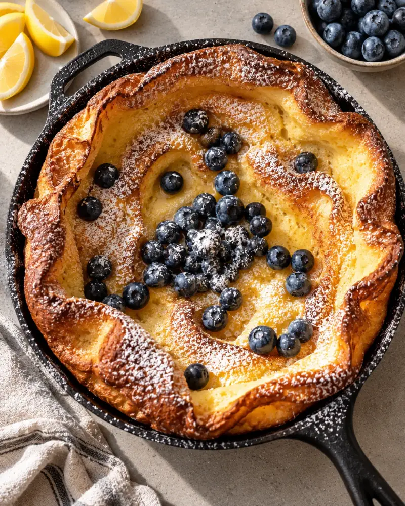 Dutch Baby: A puffed, golden oven pancake with crisp edges and a custardy center