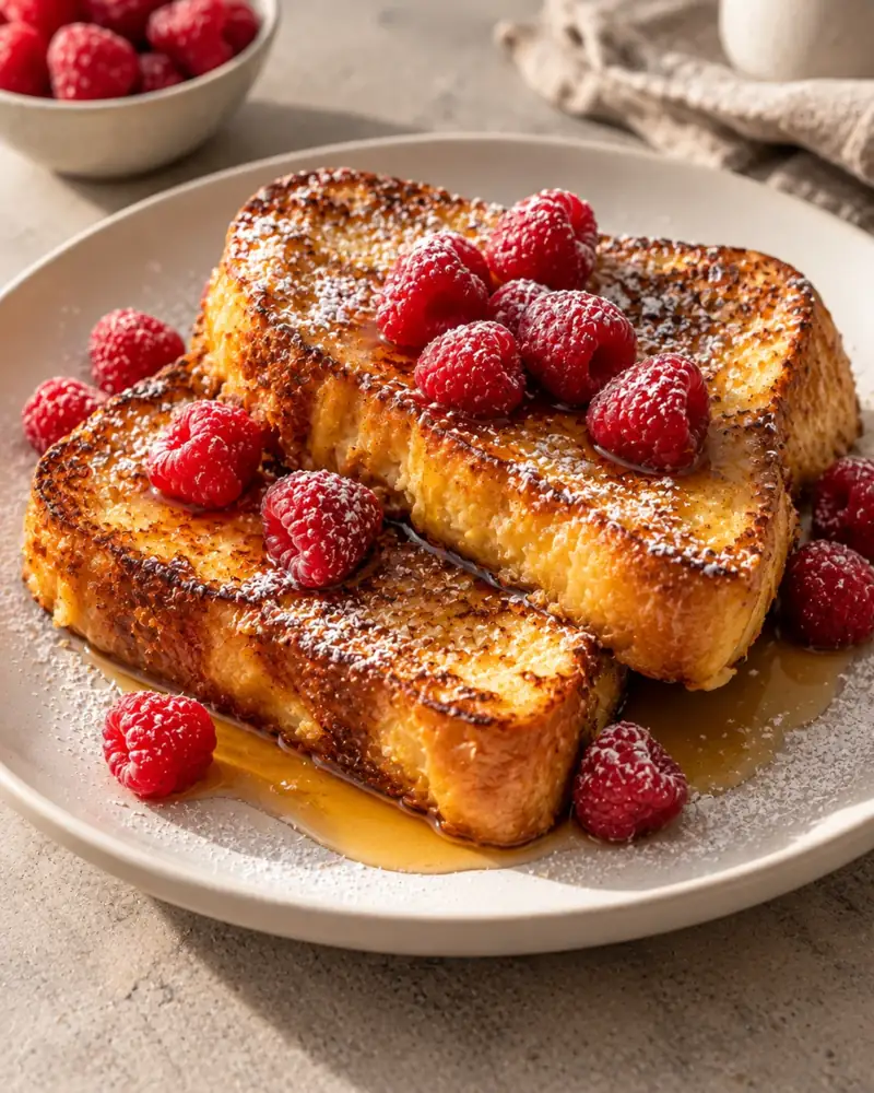 French Toast: Custard-soaked brioche, crisp outside and creamy within
