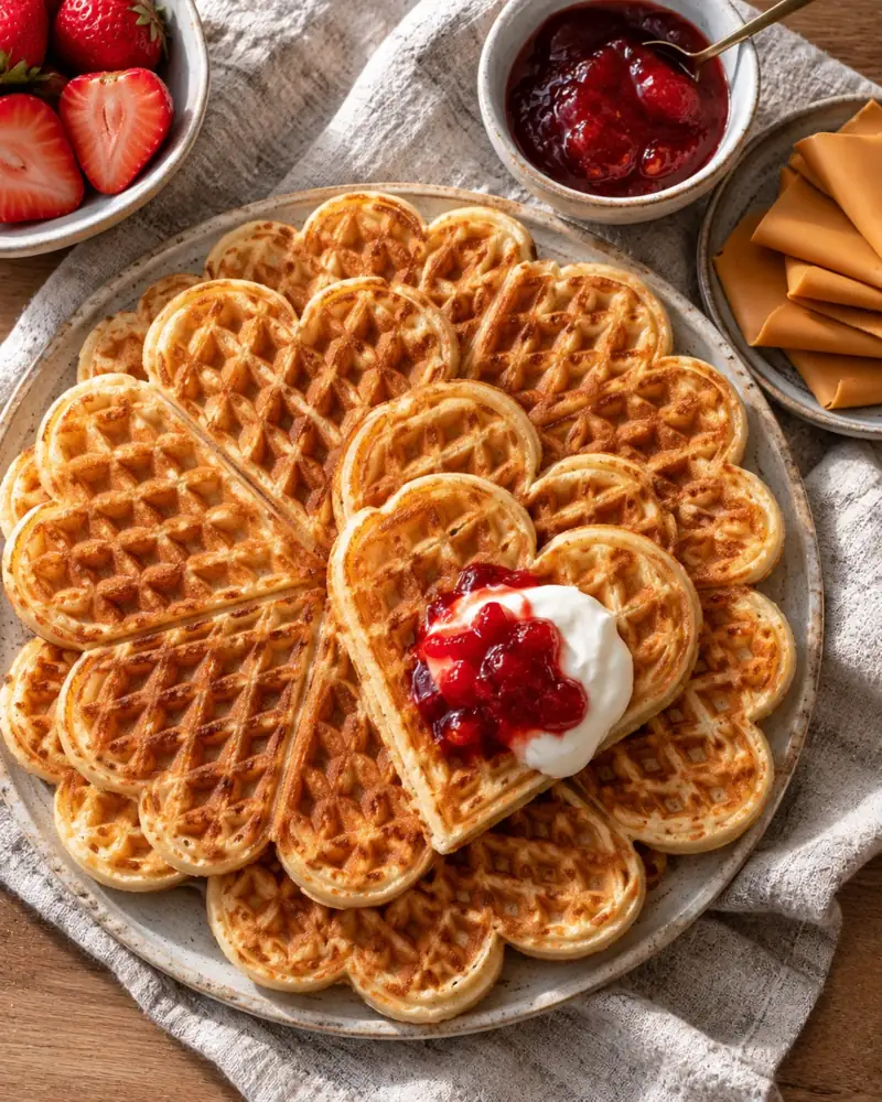 Norwegian Heart Waffles: Soft, cardamom-scented waffles with sour cream and jam