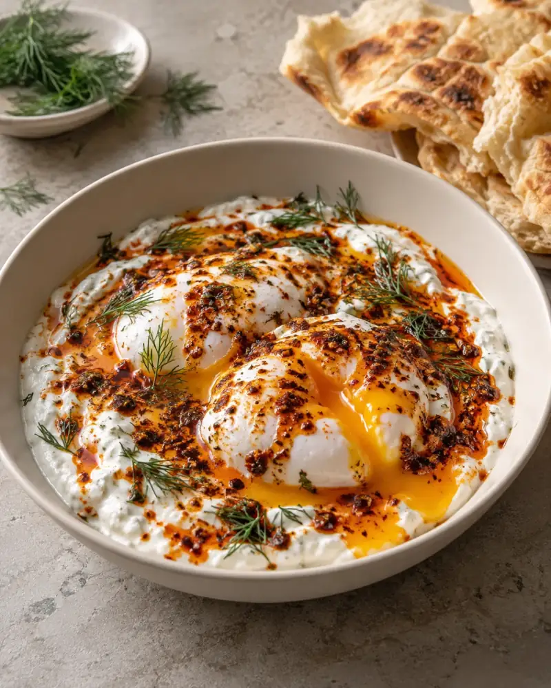 Turkish Eggs (Çılbır): Poached eggs on garlicky yogurt with sizzling chili butter