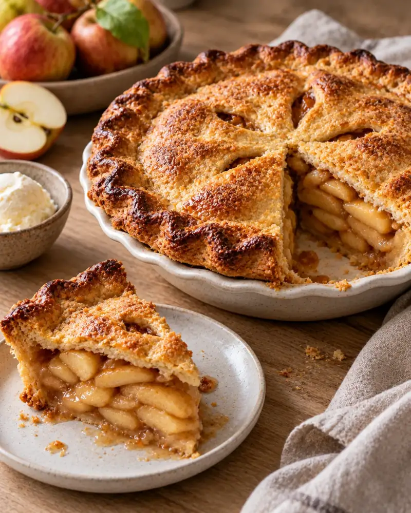 Apple Pie: Flaky double crust, a juicy filling that holds its shape