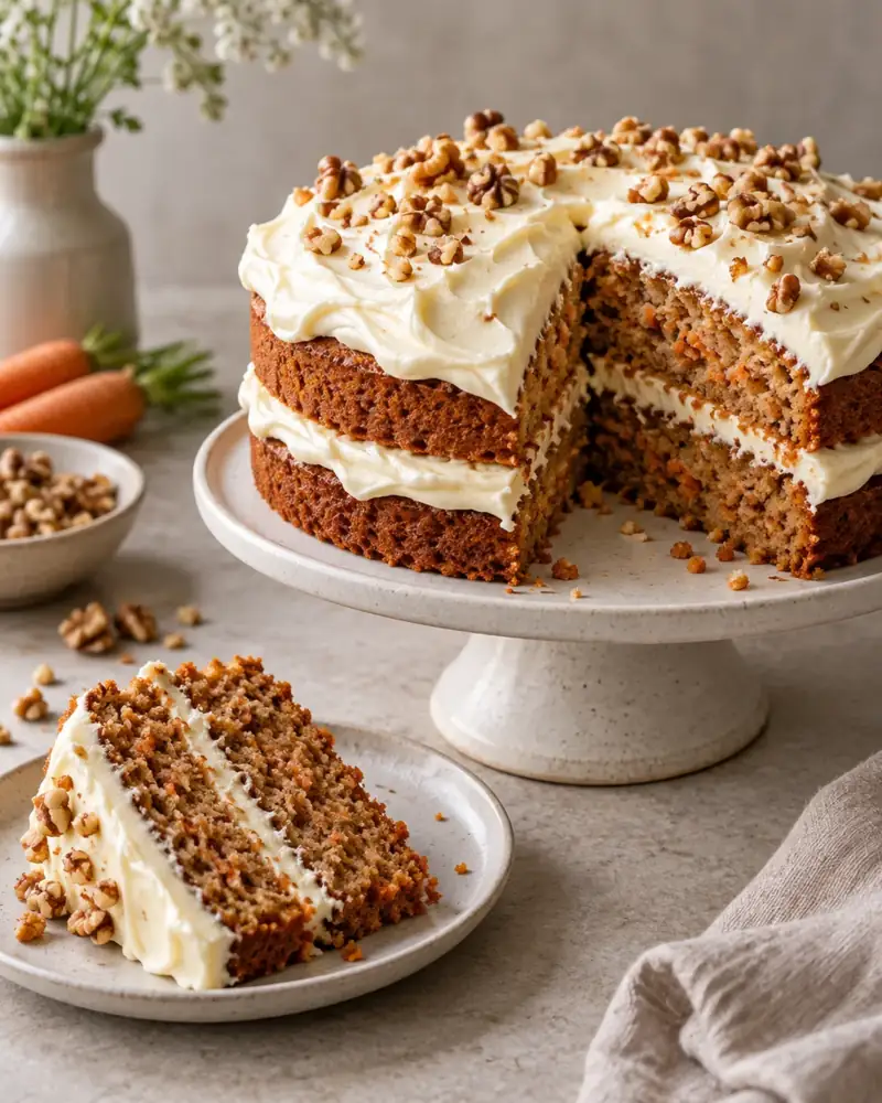 Carrot Cake: Spiced, moist two-layer cake with tangy cream cheese frosting