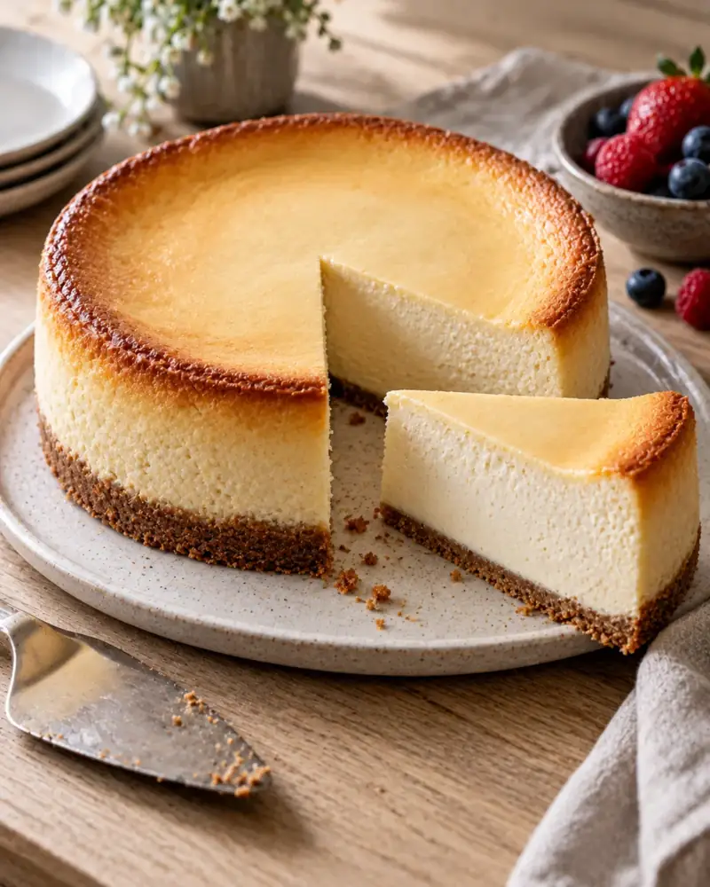 Baked Vanilla Cheesecake: Creamy, dense and crack-free, baked low and cooled slowly