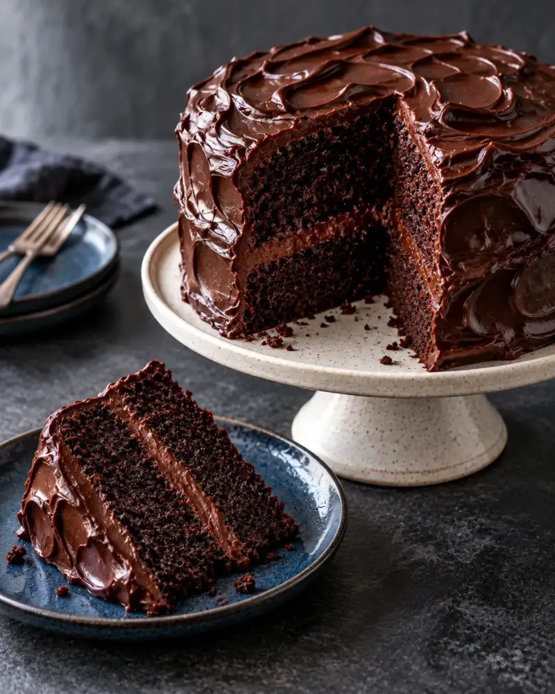 Chocolate Layer Cake: Dark, moist sponge with a glossy whipped ganache frosting