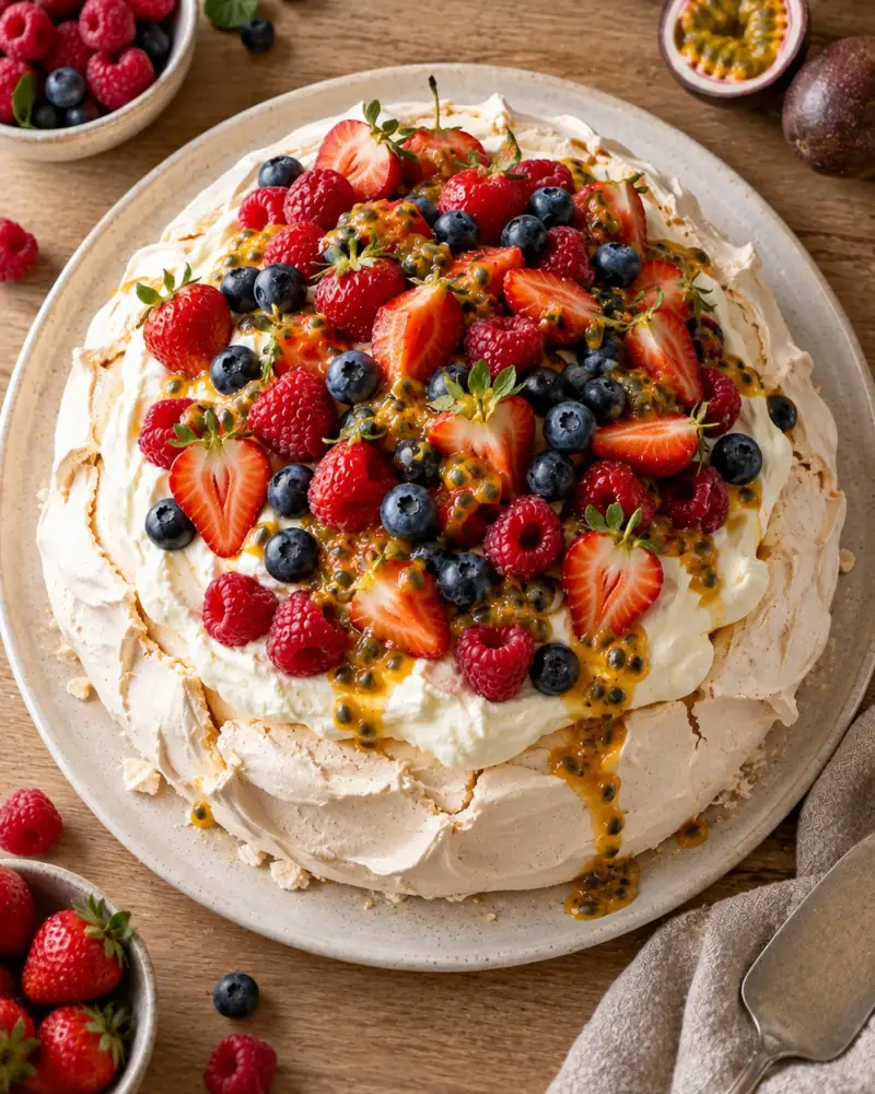 Pavlova: Crisp shell, marshmallow heart, soft cream and sharp fruit