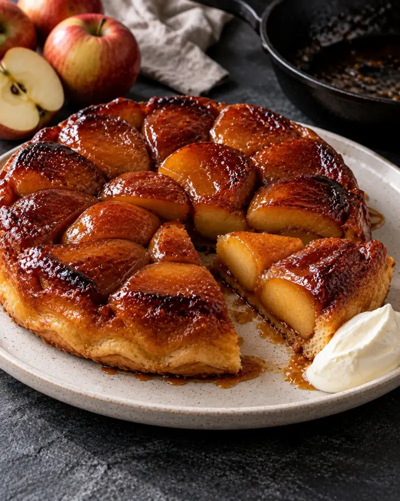 Tarte Tatin: Upside-down apples in dark caramel under crisp pastry