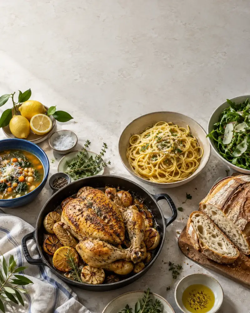 An overhead spread from the book: roast chicken with lemon and garlic, spaghetti, a bean and greens soup, a green salad and a loaf of bread on pale stone.