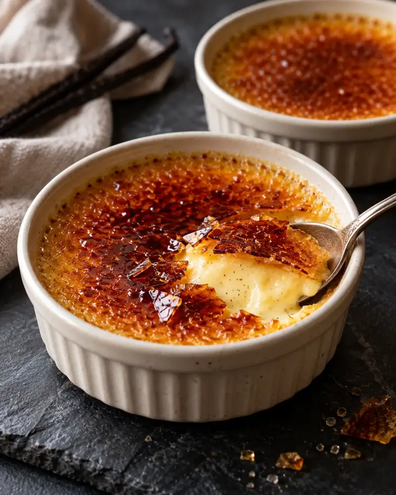 Crème Brûlée: Silky vanilla custard under a glass-thin sheet of caramel