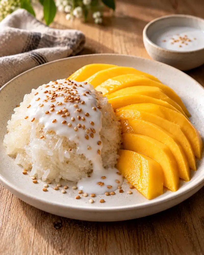 Mango Sticky Rice: Sweet coconut sticky rice with ripe mango and a salty coconut cream