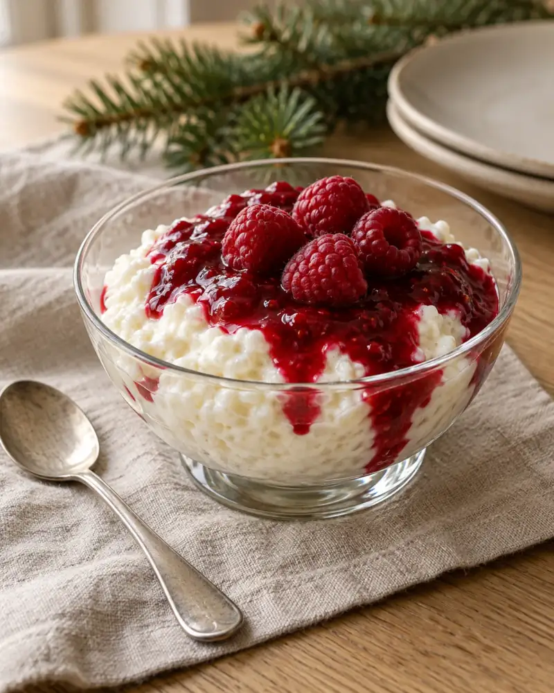 Rice Cream with Red Berry Sauce (Riskrem): The Norwegian Christmas dessert: cold rice porridge folded with whipped cream