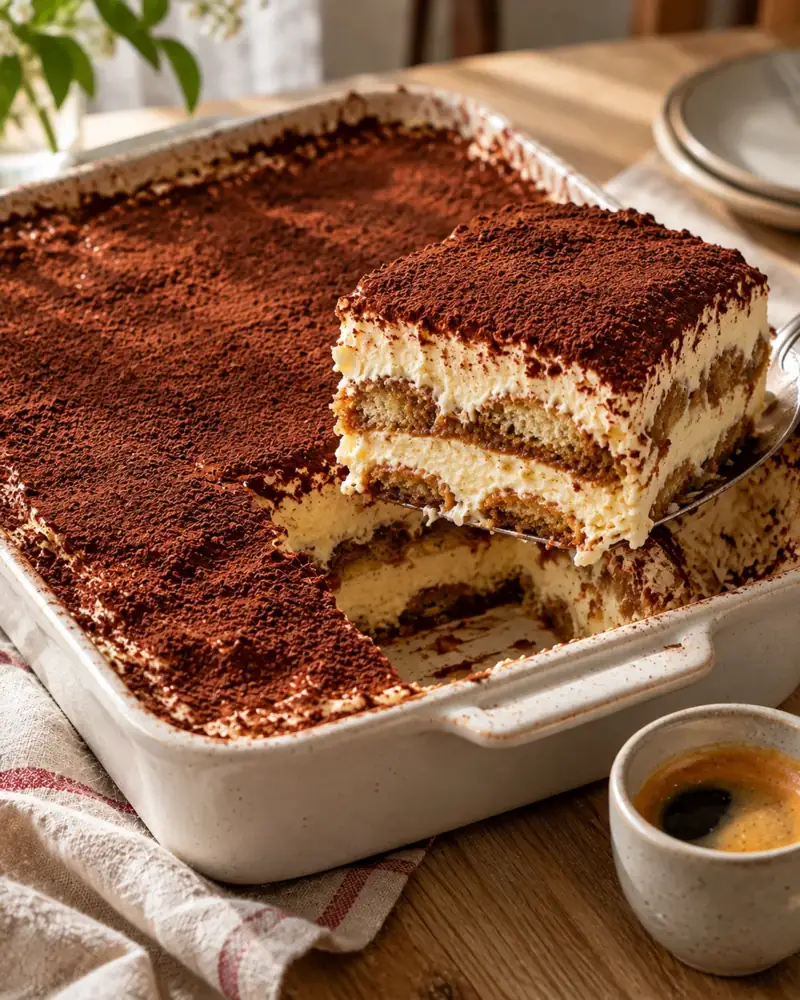 Tiramisu: Coffee-soaked savoiardi, mascarpone cream and bitter cocoa