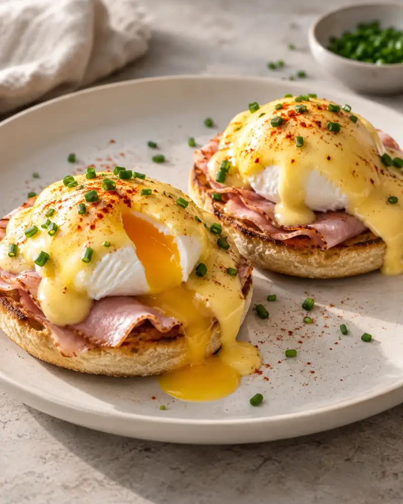 Eggs Benedict: Poached eggs, ham and hollandaise on a toasted muffin