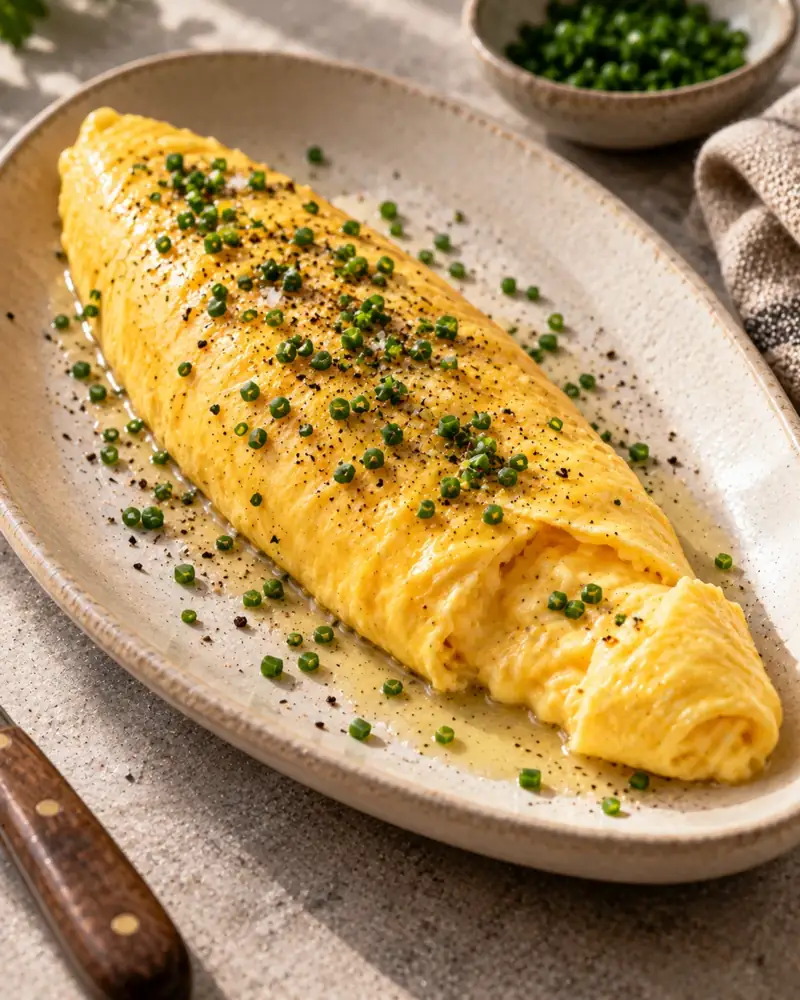 French Omelette: Pale, smooth and tender, rolled around a creamy center