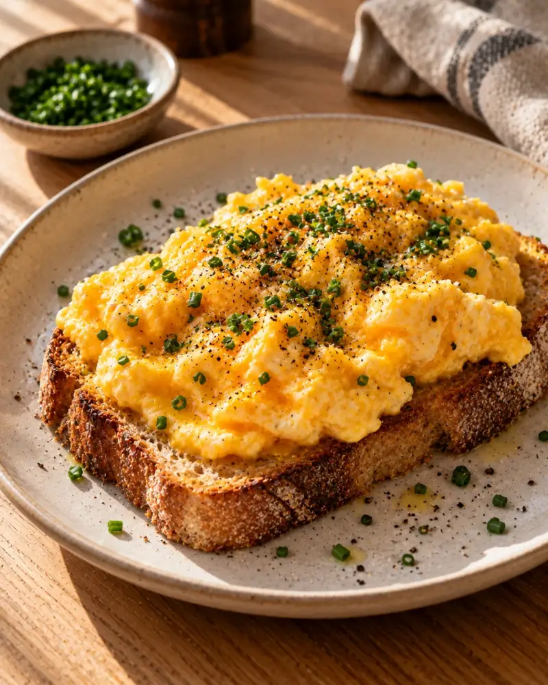 Scrambled Eggs: Soft, creamy curds cooked low and slow, with butter