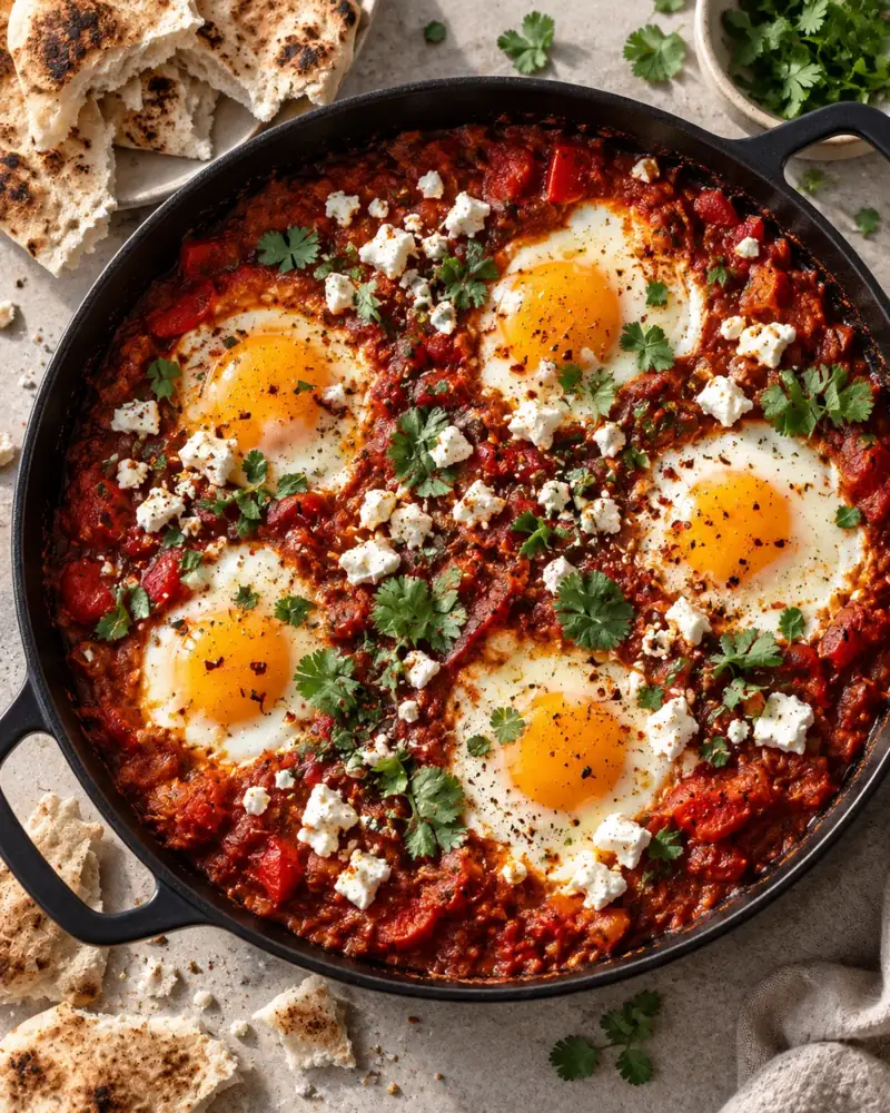 Shakshuka: Eggs poached in a smoky, spiced tomato and pepper sauce