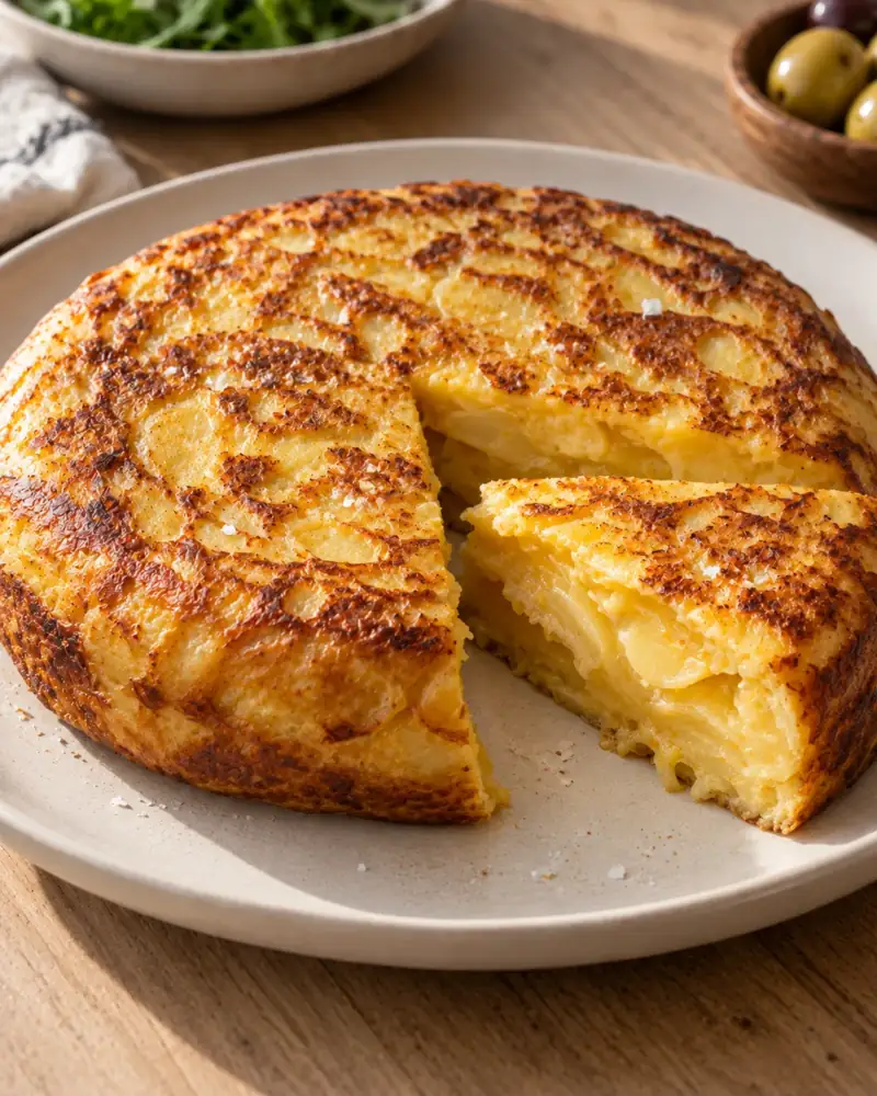 Spanish Tortilla: Thick potato and onion omelette, golden outside and just set within
