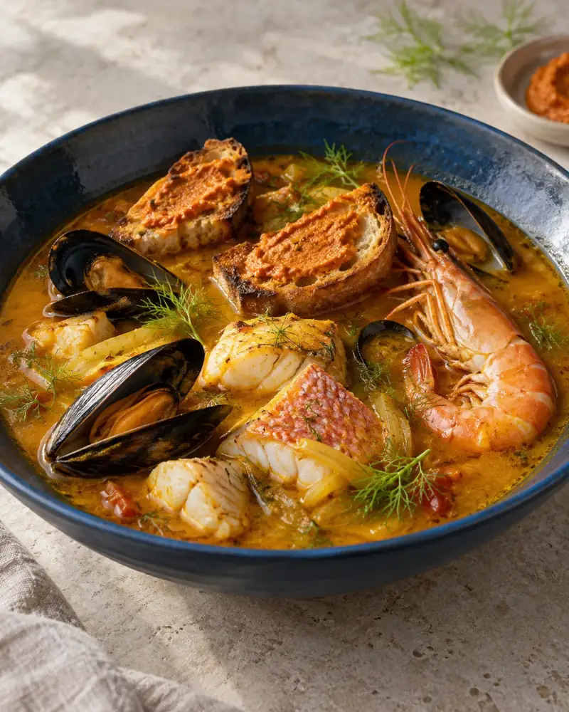 Bouillabaisse: Marseille's saffron fish stew with rouille and toasts — a home-kitchen version