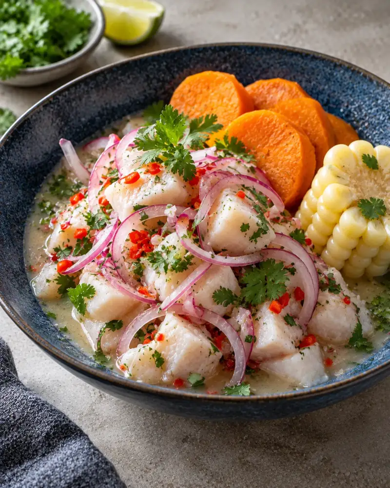 Peruvian Ceviche: Raw white fish "cooked" in lime with chili, red onion and cilantro