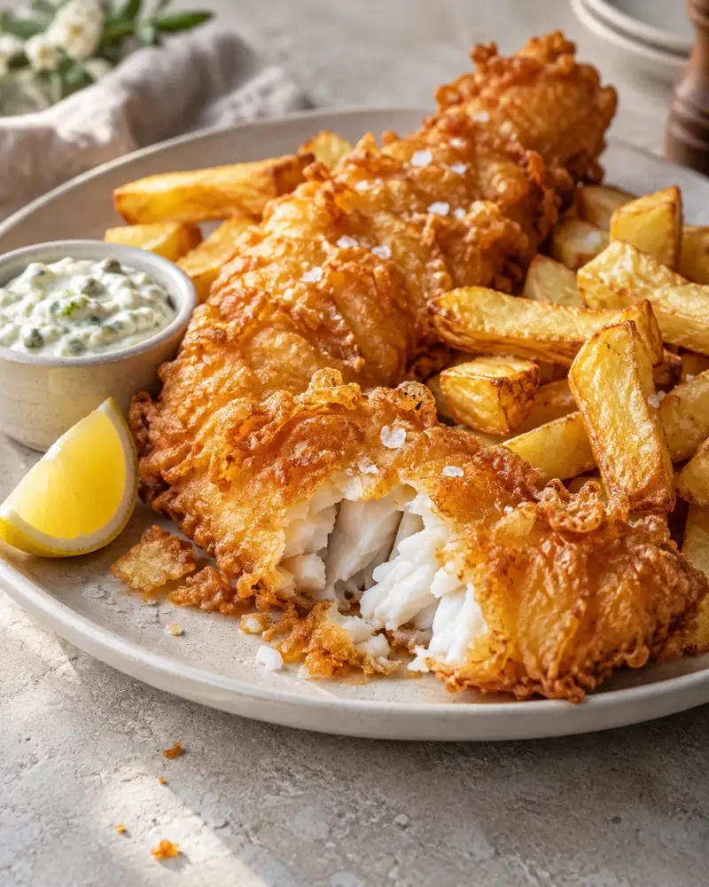 Fish and Chips: Shatter-crisp beer batter, steaming white fish and proper double-fried chips