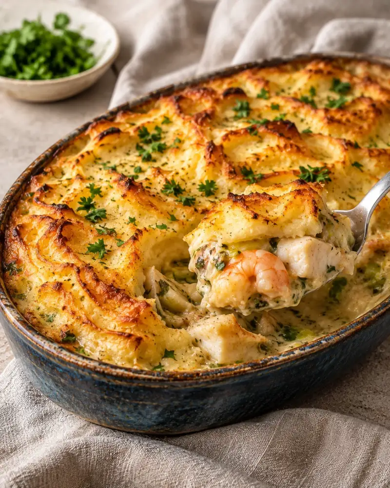 Fish Pie: Smoked and white fish in a parsley sauce under a golden mash crust