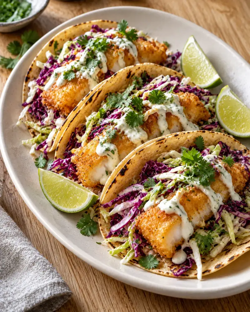 Baja Fish Tacos: Crisp battered fish, crunchy cabbage, lime crema and warm tortillas