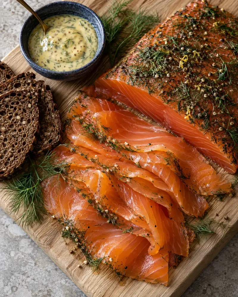 Gravlax with Mustard-Dill Sauce: Salmon cured in salt, sugar and dill for three days — the Nordic way