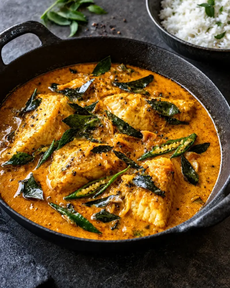 Kerala Fish Curry: Firm fish simmered in coconut milk with tamarind, curry leaves and chili