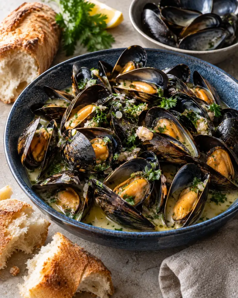 Moules Marinières: Mussels steamed open in white wine, shallots and butter in five minutes
