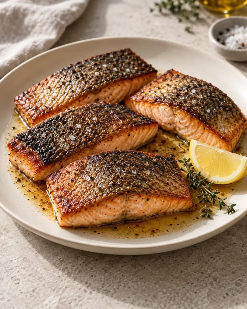 Crisp-Skinned Seared Salmon: Glass-crisp skin, a barely set coral center, ten minutes in one pan