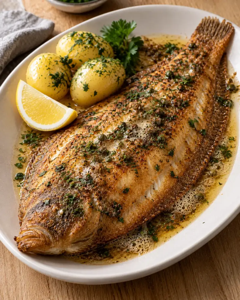 Sole Meunière: Floured sole browned in butter, finished with lemon and parsley