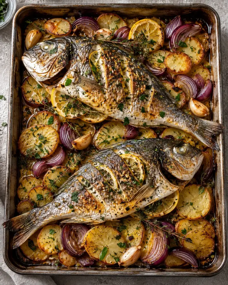 Whole Roast Sea Bream with Lemon and Herbs: One whole fish per two people, roasted hot on a bed of potatoes