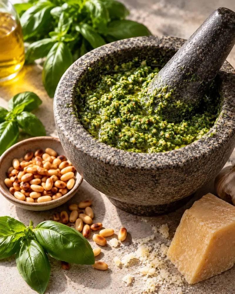 Pesto Genovese: Basil, pine nuts, garlic and two cheeses, bright green and fragrant