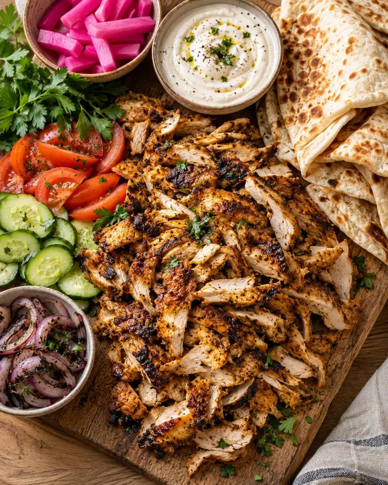 Chicken Shawarma: Spiced thighs, charred and sliced, in warm flatbread with garlic sauce