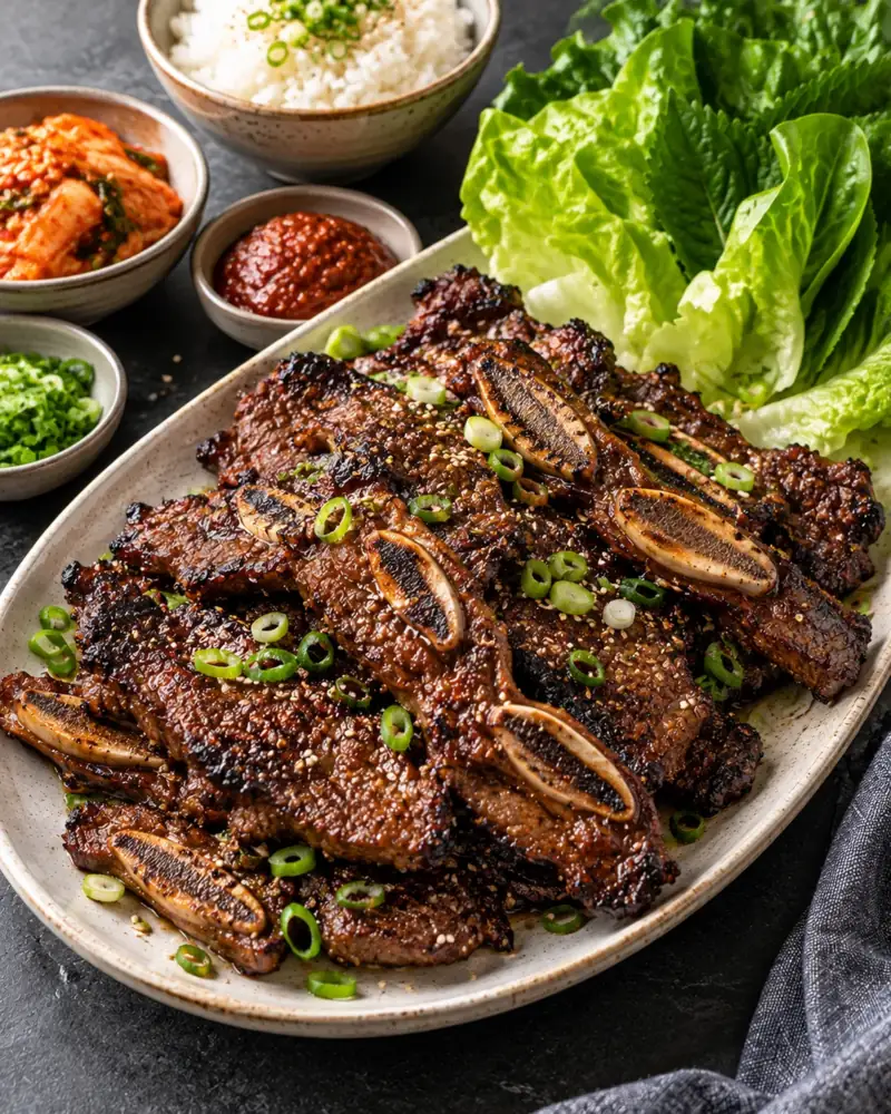 Galbi (Korean Grilled Short Ribs): Thin-cut beef short ribs in a sweet soy-pear marinade, charred fast