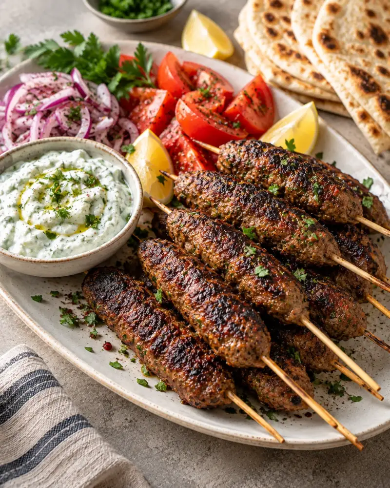 Lamb Kofta: Juicy, spiced lamb skewers with herbs and a char