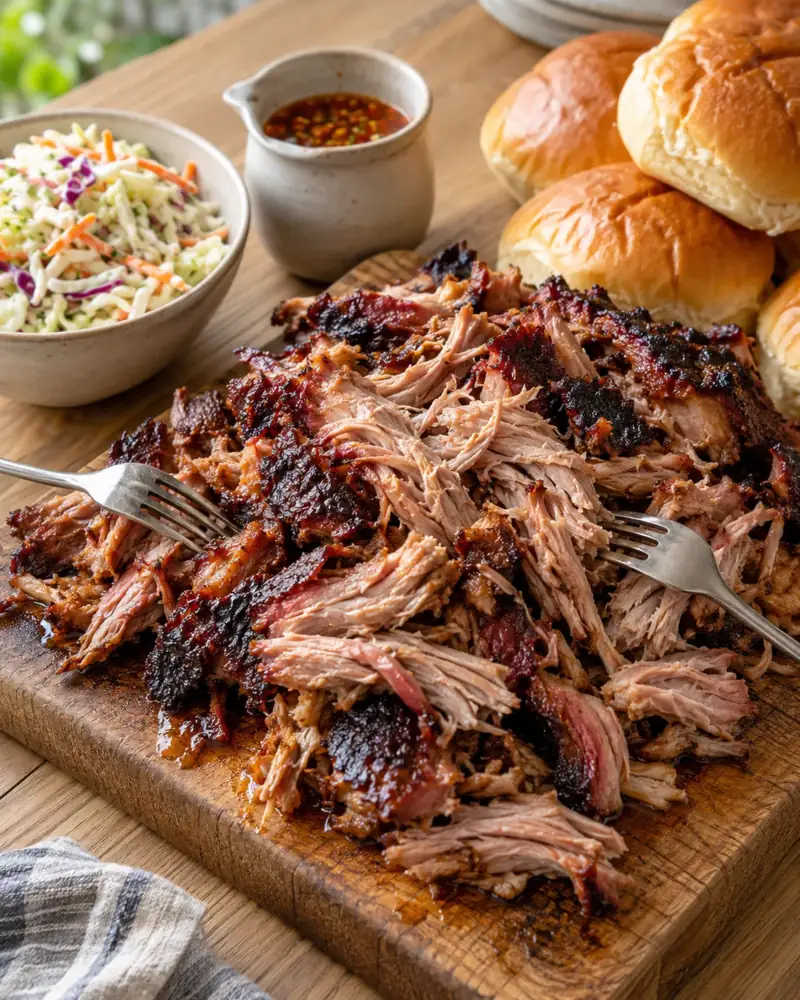 Smoked Pulled Pork: A slow-cooked pork shoulder, bark-crusted and tender enough to pull apart