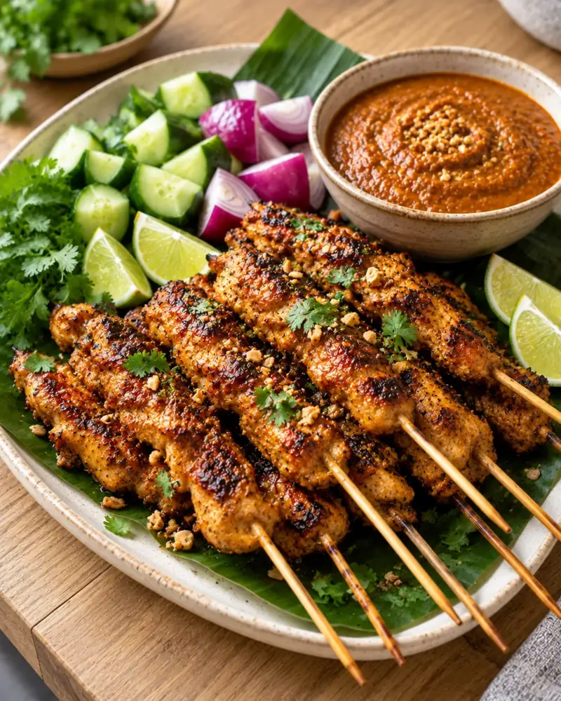 Chicken Satay with Peanut Sauce: Turmeric-lemongrass marinated skewers and a rich, sweet-spicy peanut dip