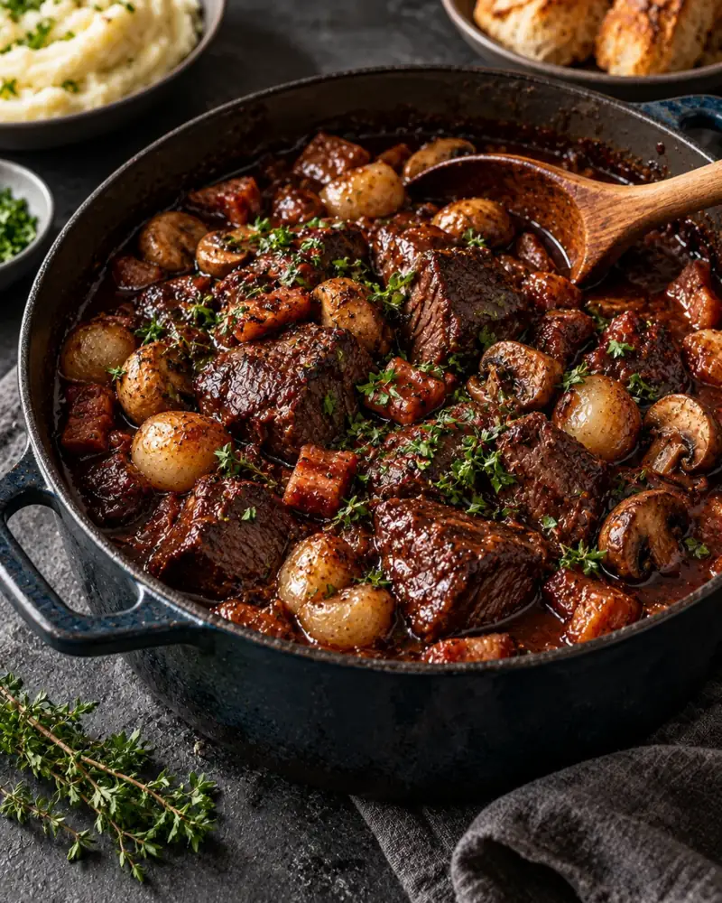 Beef Bourguignon: Beef braised in red wine until spoon-tender, with bacon, onions and mushrooms